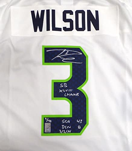 A Seattle Seahawks Russell Wilson Dedikált, Fehér Nike Jersey SB XLVIII Bajnok, TENGER, 43 Den 8, 2/2/14 9/48 RW Holo 34873