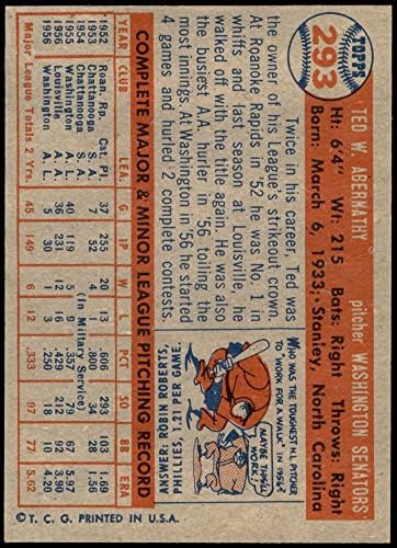 1957 Topps 293 Ted Abernathy Washington Senators (Baseball Kártya) EX Szenátorok