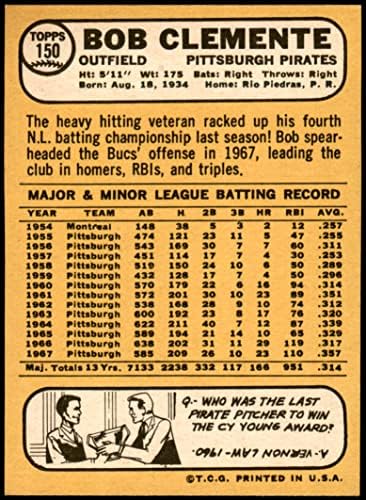 1968 Topps 150 Roberto Clemente Pittsburgh Pirates (Baseball Kártya) NM Kalózok