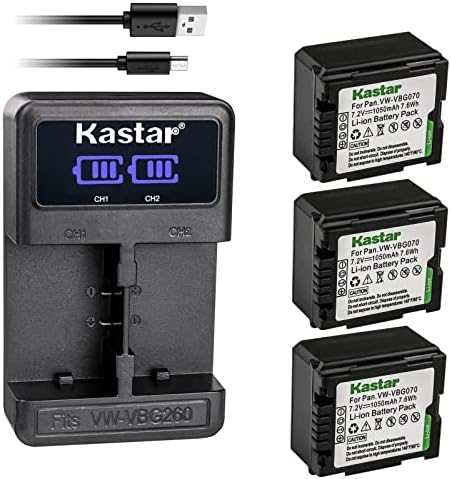 Kastar 3-Pack VW-VBG070 Akkumulátor LED2 USB Töltő Kompatibilis Panasonic HDC-TM300P HDC-TM300PC HDC-TM350 HDC-TM650 HDC-TM700