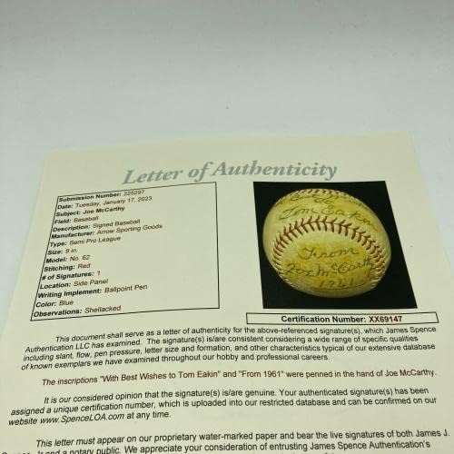 Joe Mccarthy Egyetlen Dedikált Baseball SZÖVETSÉG COA - Dedikált Baseball